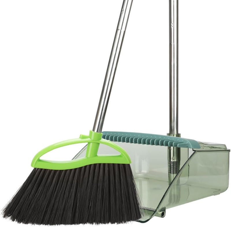 Dodifker Soft Bristles Green Angle Broom and Dustpan Set, Long Handle Household Indoor Broom with Dustpan Combo Set for Room Kitchen Lobby Office Hardwood Floor Sweeping Floor Cleaning - Image 1